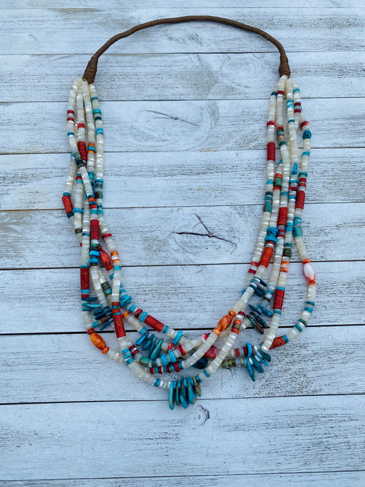 Navajo Mother of Pearl, Turquoise and Spiny Five Strand Beaded Necklace - Culture Kraze Marketplace.com