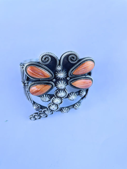 Navajo Sterling Silver And Orange Spiny Dragonfly Cuff Bracelet By K Billah