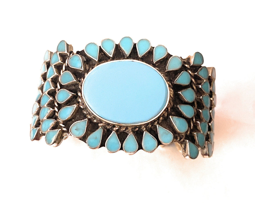 Navajo Old Pawn Vintage Turquoise & Sterling Silver Cluster Cuff Bracelet