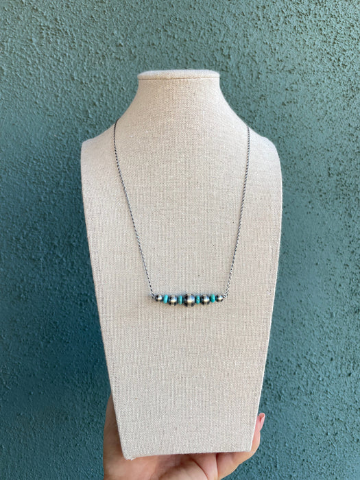 Navajo Sterling Silver And Turquoise Beaded Necklace 16inch