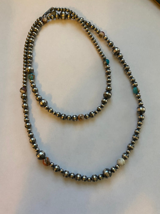 Navajo Turquoise & Spiny Spice Sterling Silver Beaded Necklace 30 inch