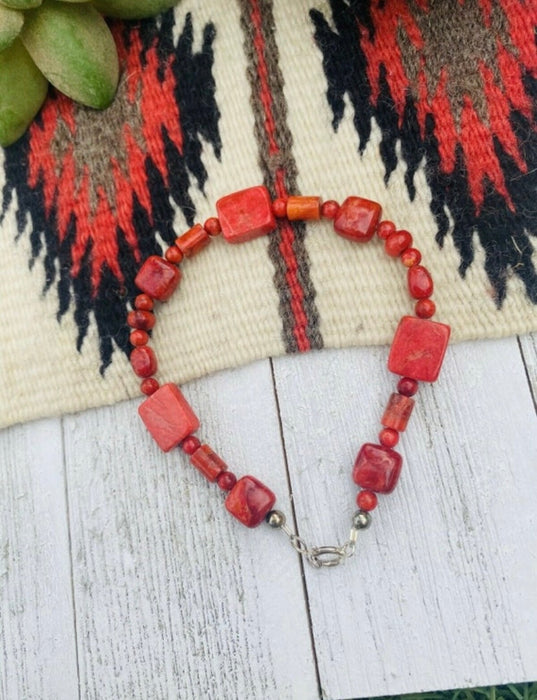 Navajo Apple Coral & Sterling Silver Beaded Bracelet