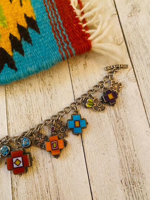 Navajo Multi Stone & Sterling Silver Inlay Link Bracelet