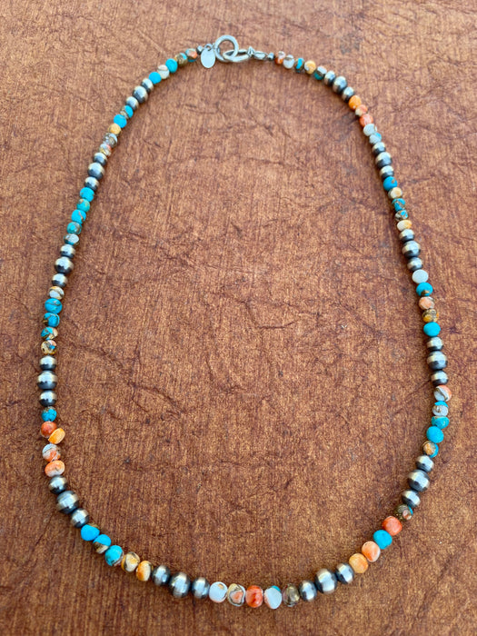 Navajo Turquoise & Spiny Spice Sterling Silver Beaded Necklace 20 inch