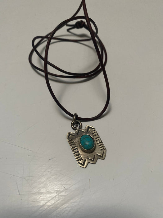 Handmade German Silver & Turquoise Leather Necklace