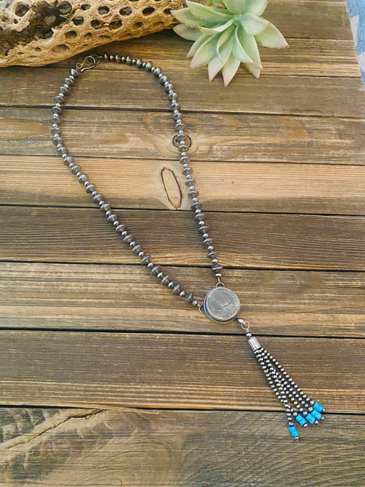 Navajo Turquoise & Sterling Silver Pearl Beaded Coin Tassel Necklace - Culture Kraze Marketplace.com