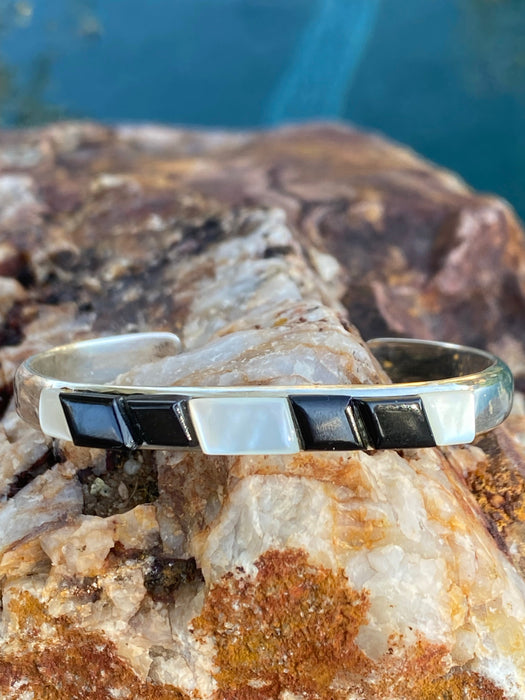 Navajo Onyx, Opal & Sterling Silver Inlay Cuff Bracelet