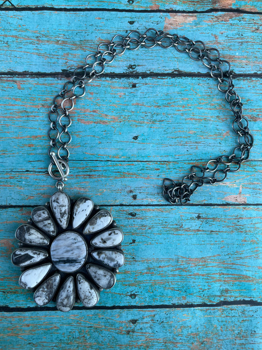 Navajo Sterling Silver And White Buffalo Cluster Necklace By Ella Peters