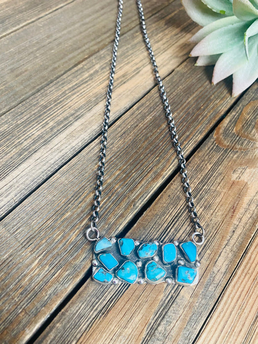 Zuni Sterling Silver & Kingman Turquoise Cluster Bar Necklace by Jude Candelaria