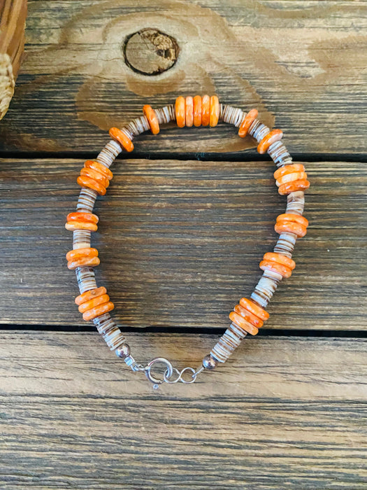 Navajo Orange Spiny, Heishi & Sterling Silver Beaded Bracelet