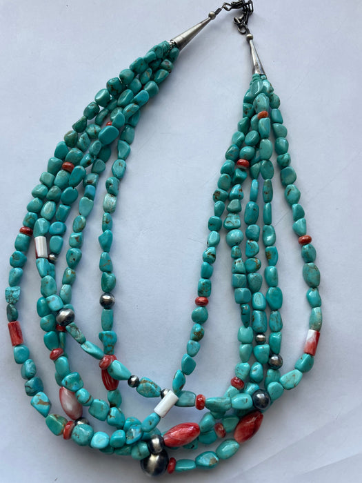 Navajo Turquoise & Sterling Silver 5 Strand Beaded Necklace