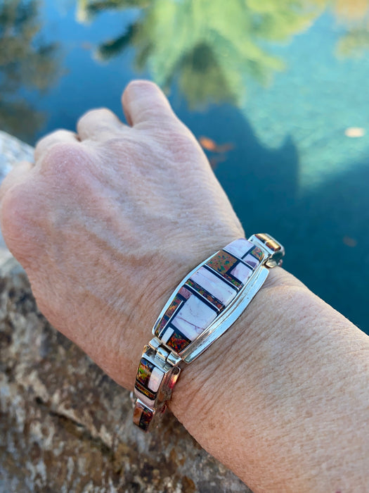 Navajo Onyx, Purple Spiny, Coral & Sterling Silver Inlay Bracelet