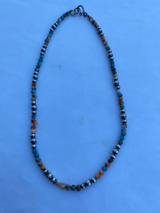 Navajo Turquoise & Spiny Spice Sterling Silver Beaded Necklace 20 inch