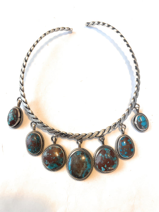 Navajo Lone Mountain Turquoise And Sterling Silver Adjustable Choker Necklace By Paul Livingston