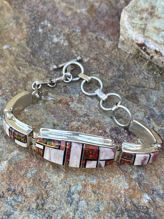 Navajo Onyx, Purple Spiny, Coral & Sterling Silver Inlay Bracelet