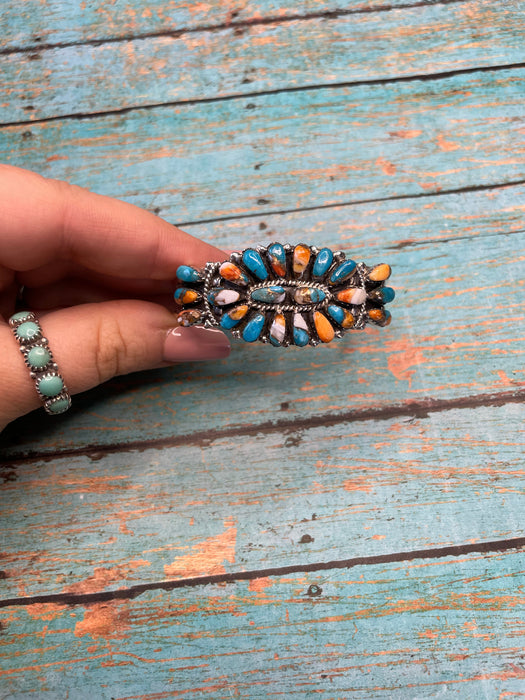 Navajo Multi Stone Spice And Sterling Silver Cluster Bracelet Cuff