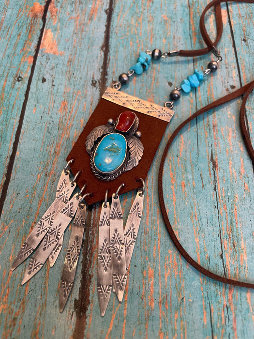 Navajo Made Turquoise and Coral Statement Necklace