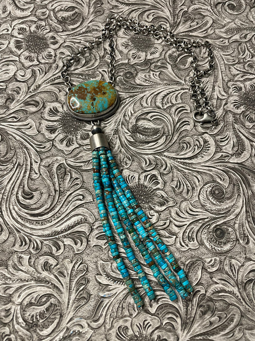 Navajo Turquoise & Sterling Silver Drop Necklace Signed Emer Thompson