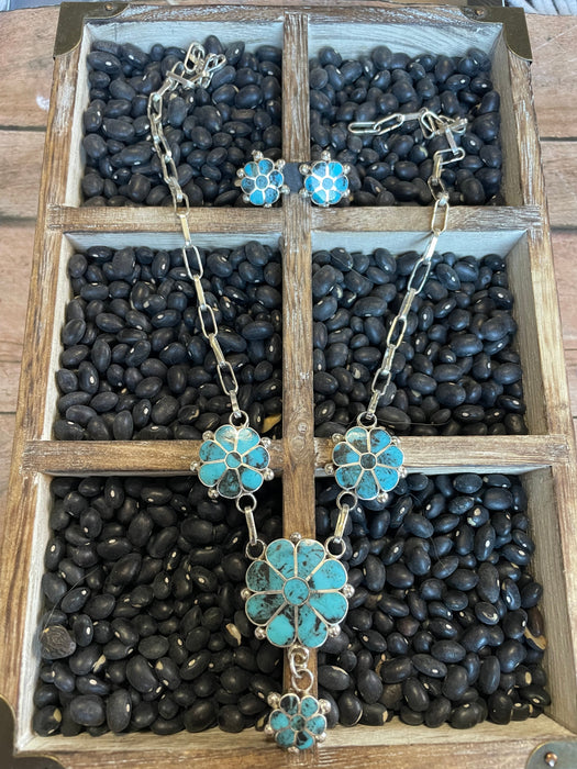 Zuni Sterling Silver & Turquoise Flower Necklace Earrings Set Signed