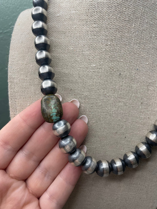 Navajo Sterling Silver Pearl 12mm Beaded Necklace With Natural #8 Stone 18 inch - Culture Kraze Marketplace.com