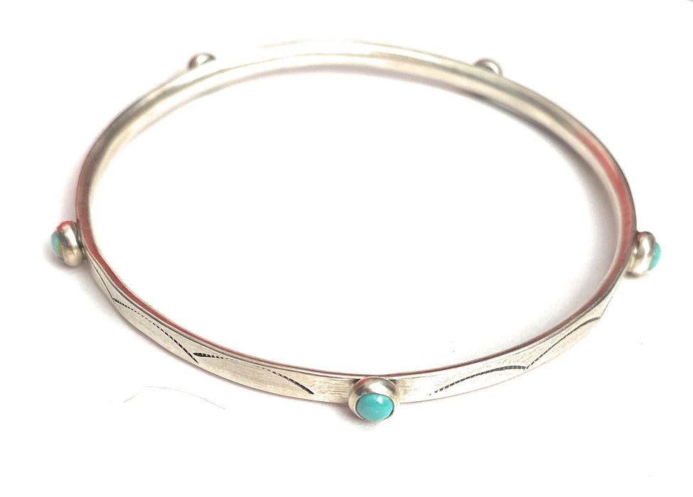 Navajo Hand Stamped Sterling Silver & Turquoise Bangle Bracelet