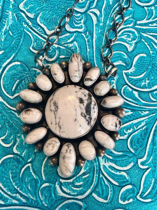 Navajo White Buffalo And Sterling Silver Cluster Necklace Signed & Stamped