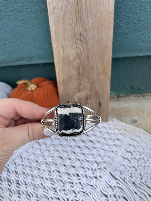 Navajo Sterling Silver And White Buffalo Adjustable Cuff Bracelet