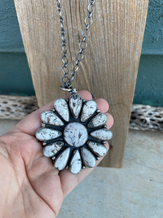 Navajo Sterling Silver And White Buffalo Cluster Necklace By Ella Peters