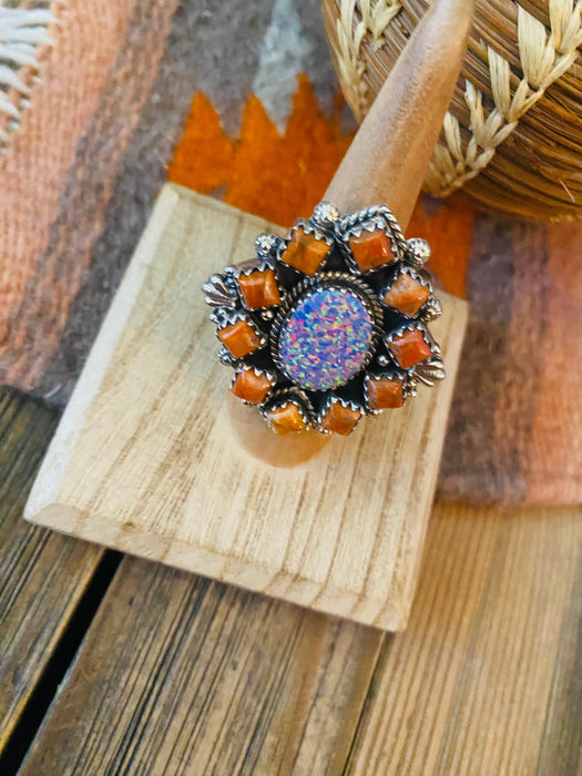 Handmade Sterling Silver, Orange Mojave & Opal Cluster Adjustable Ring - Culture Kraze Marketplace.com