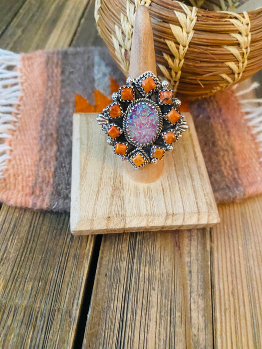 Handmade Sterling Silver, Orange Mojave & Opal Cluster Adjustable Ring - Culture Kraze Marketplace.com