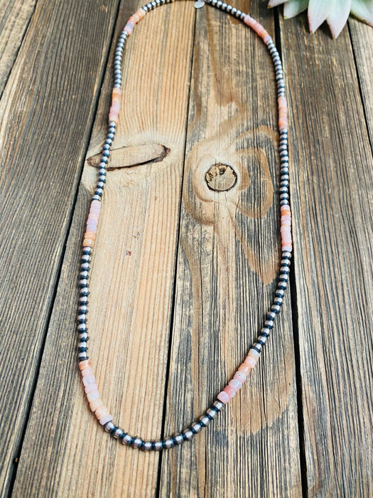 Sterling Silver Navajo Pearl & Pink Opal Beaded Necklace 24 inch - Culture Kraze Marketplace.com