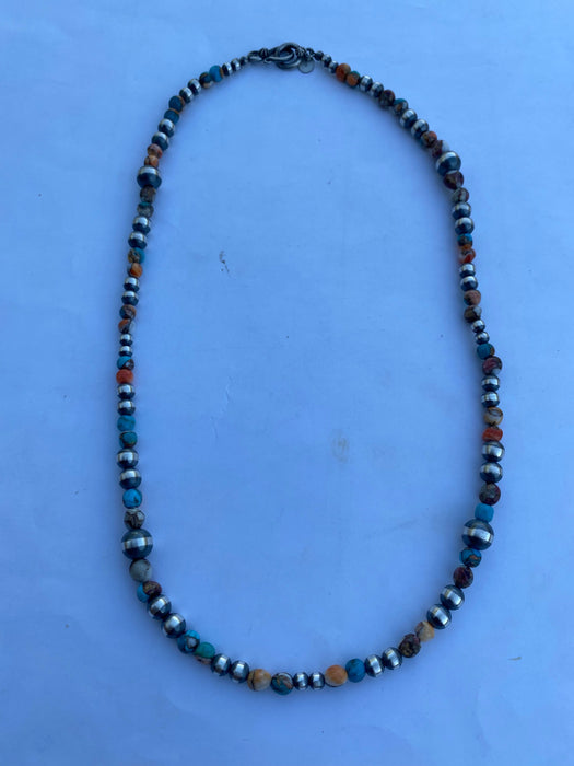 Navajo Turquoise & Spiny Spice Sterling Silver Beaded Necklace 20 inch