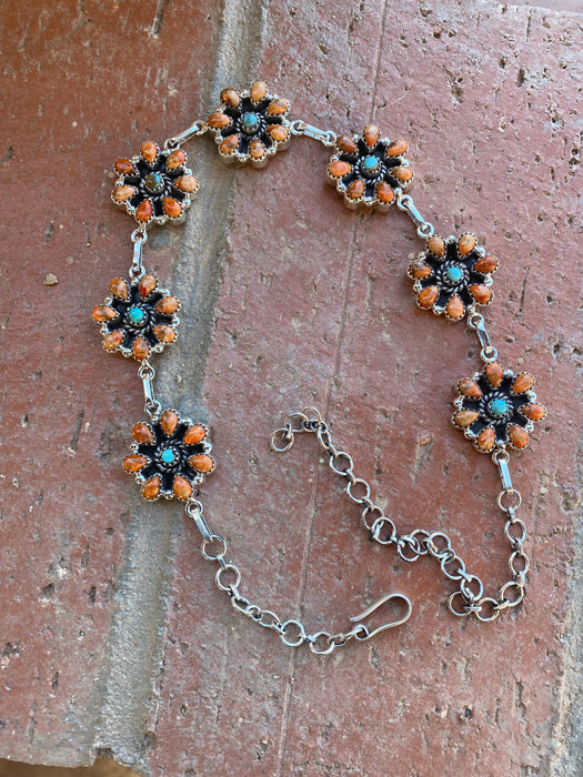 Hand Made Sterling Silver Orange Spiny & Royston Turquoise Choker Necklace