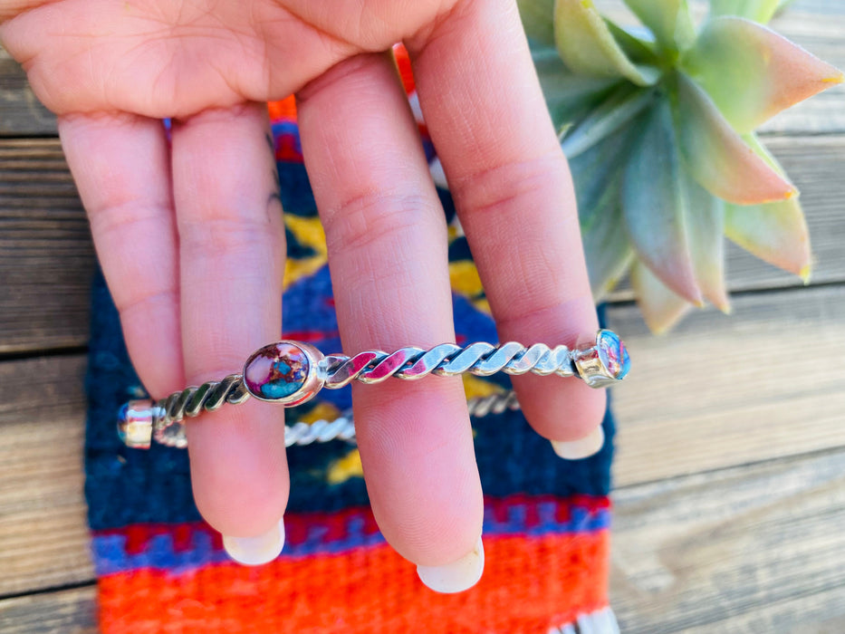 Navajo Twisted Sterling Silver & Pink Dream Mohave Bangle Bracelet