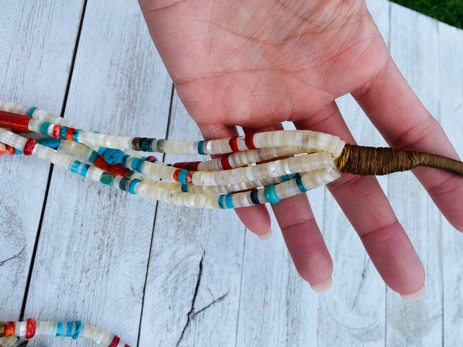 Navajo Mother of Pearl, Turquoise and Spiny Five Strand Beaded Necklace - Culture Kraze Marketplace.com