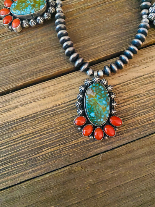 Navajo Sterling Kingman Turquoise & Natural Red Coral Necklace Taos Collection