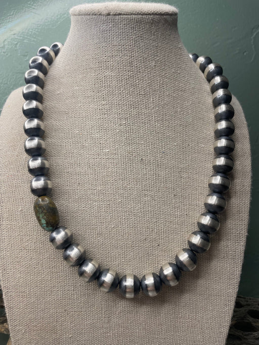 Navajo Sterling Silver Pearl 12mm Beaded Necklace With Natural #8 Stone 18 inch - Culture Kraze Marketplace.com