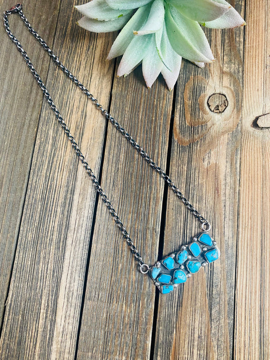 Zuni Sterling Silver & Kingman Turquoise Cluster Bar Necklace by Jude Candelaria