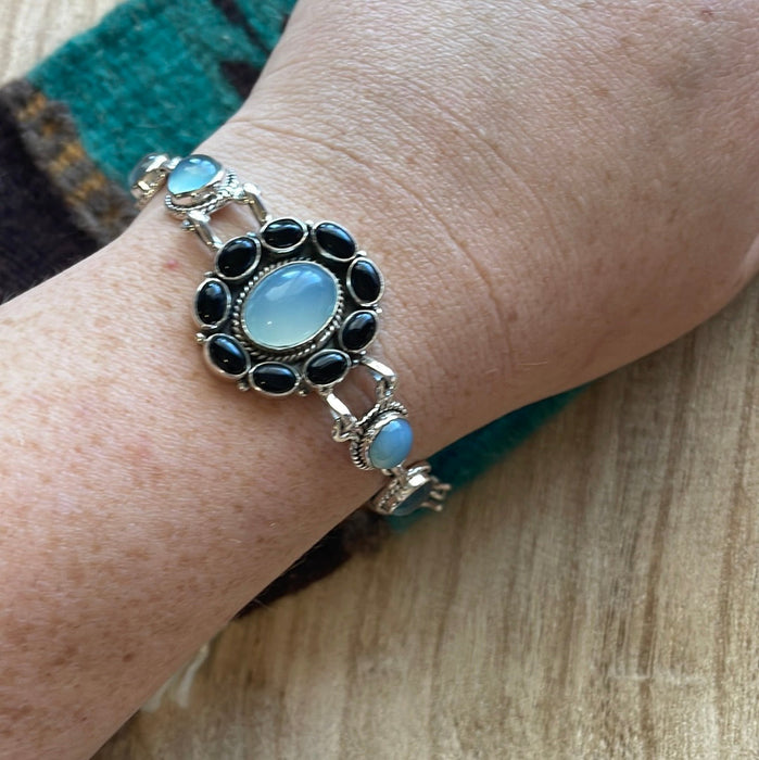 Handmade Sterling Silver, Onyx & Aqua Calcedony Link Bracelet Signed Nizhoni