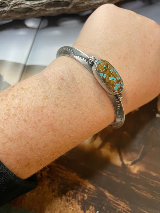 Navajo Hand Stamped Sterling Silver & Turquoise Cuff Bracelet Signed