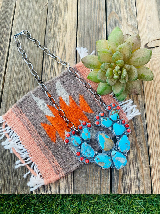 Navajo Sterling Silver, Turquoise & Coral Cactus Necklace