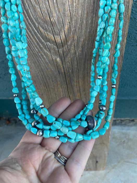 Navajo Turquoise & Sterling Silver 5 Strand Beaded Necklace