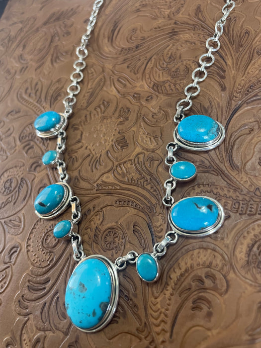 Handmade Sterling Silver & Turquoise Cluster Necklace Signed Nizhoni