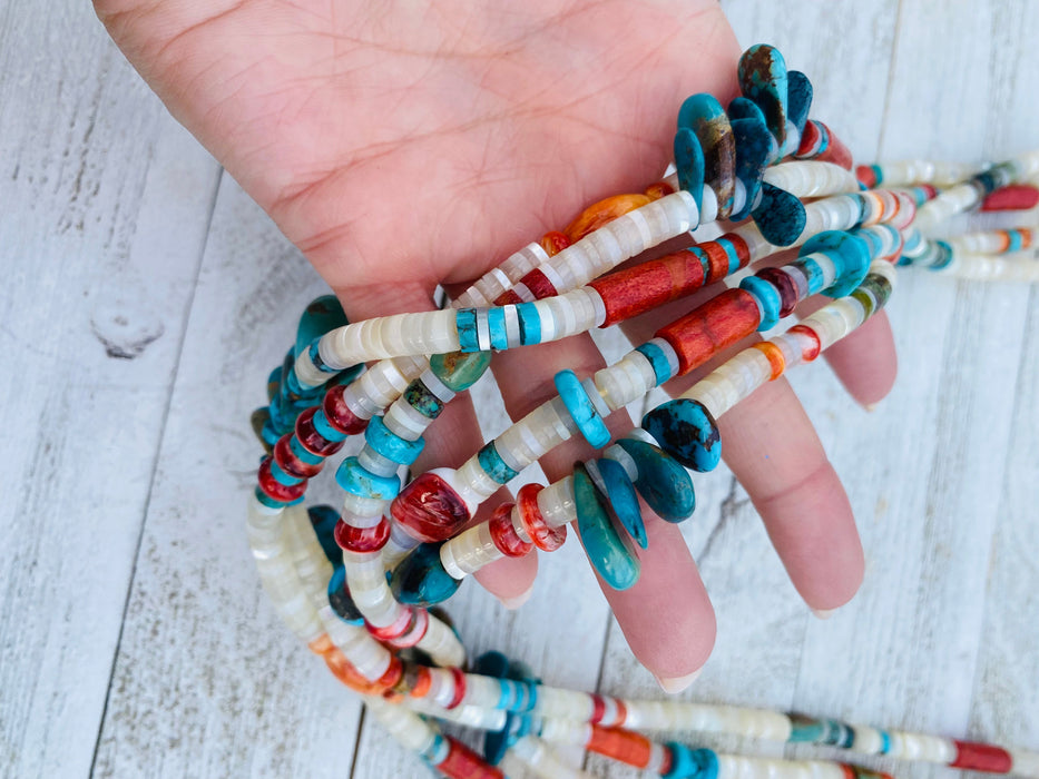 Navajo Mother of Pearl, Turquoise and Spiny Five Strand Beaded Necklace - Culture Kraze Marketplace.com