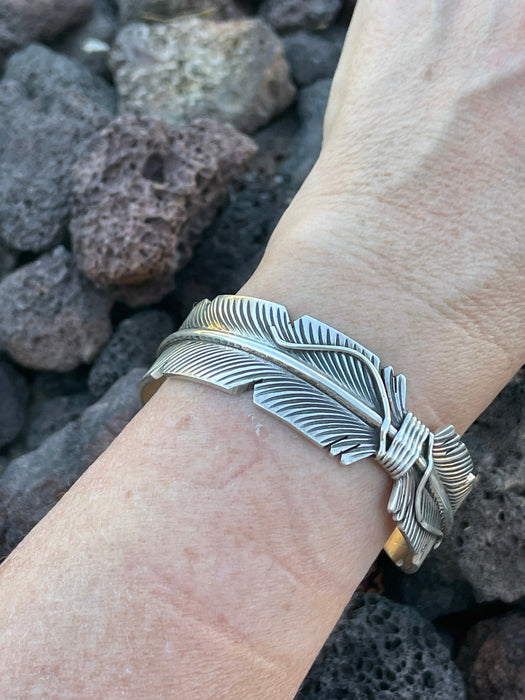 Navajo Sterling Silver Hand Crafted Feather Bracelet Cuff