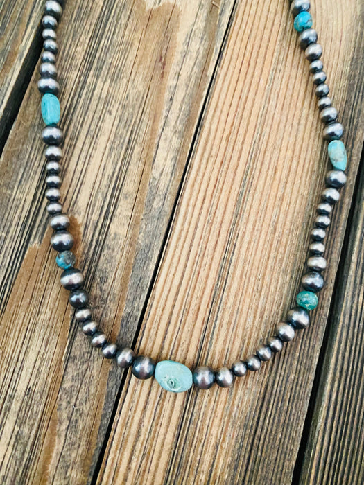 Handmade Sterling Silver & Turquoise Beaded Necklace 20”