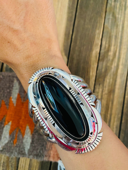 Navajo Sterling Silver & Black Onyx Cuff Bracelet Signed