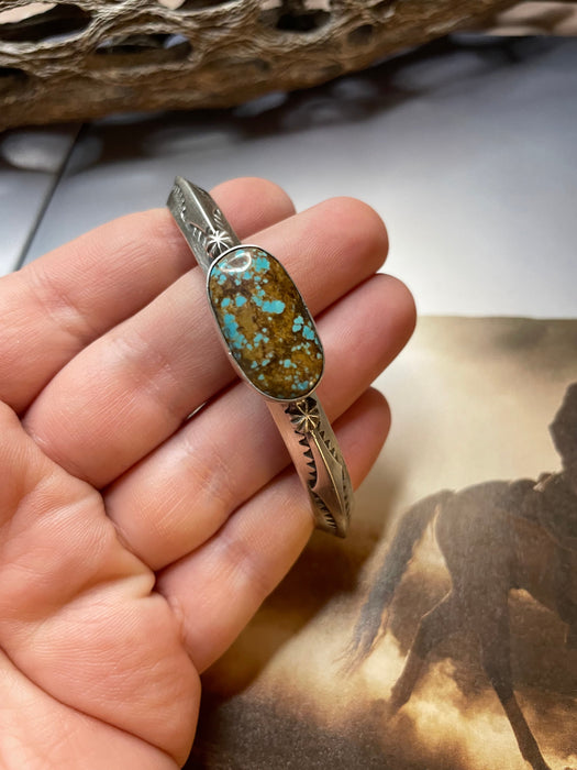 Navajo Hand Stamped Sterling Silver & Turquoise Cuff Bracelet Signed