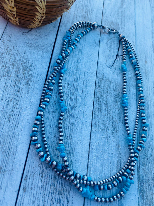 Navajo Turquoise & Sterling Silver Pearl Triple Strand Beaded 18” Necklace