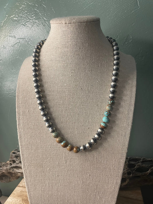 Navajo Sterling Silver Pearl & Turquoise Beaded Necklace 18 Inch